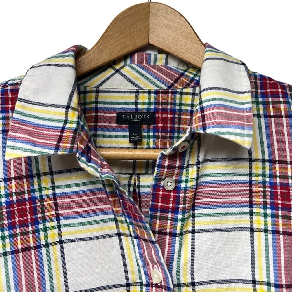 Talbots White Red Blue Plaid Long Sleeve Button Up Blouse Top Large Petite - Picture 2 of 5